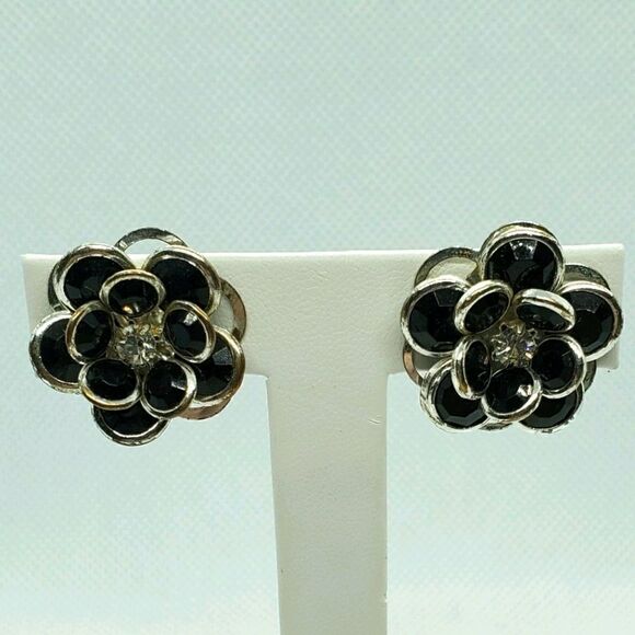 Black & Silver Flower Earrings - Picture 1 of 4